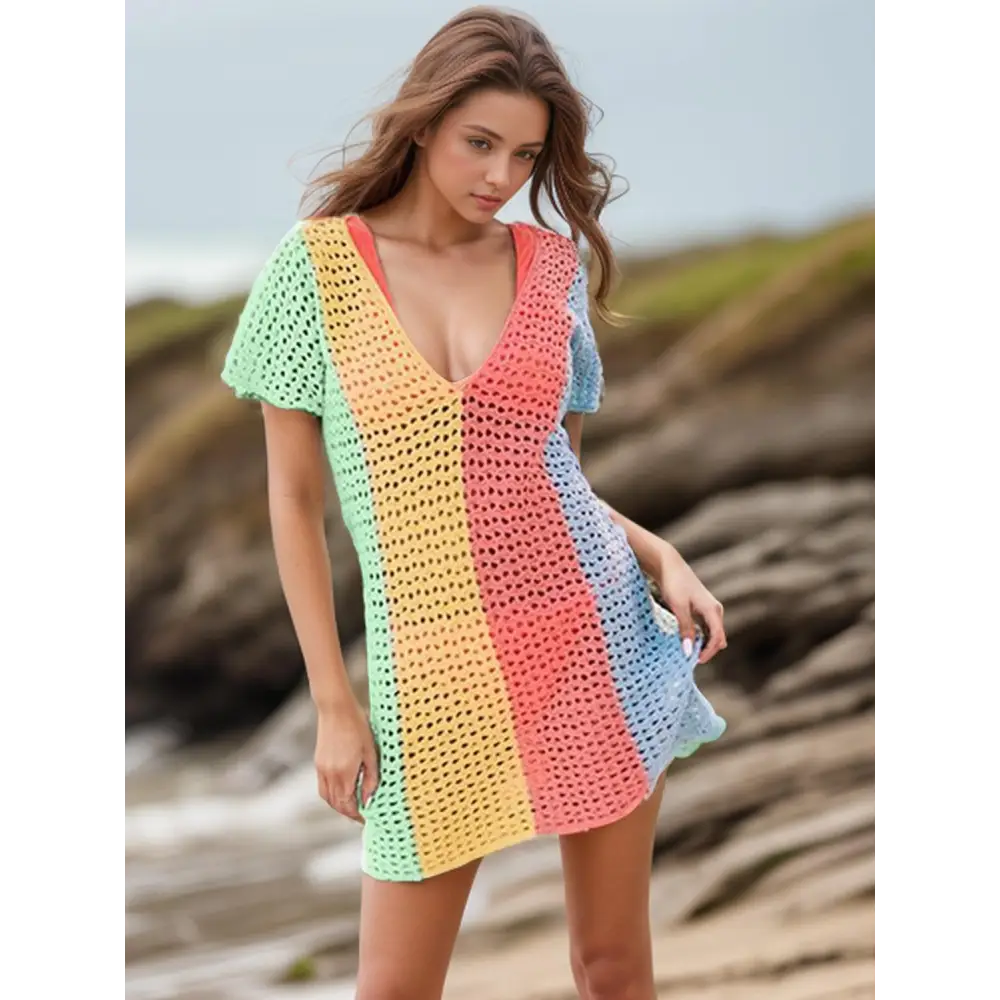 Openwork Color Block V-Neck Short Sleeve Cover-Up