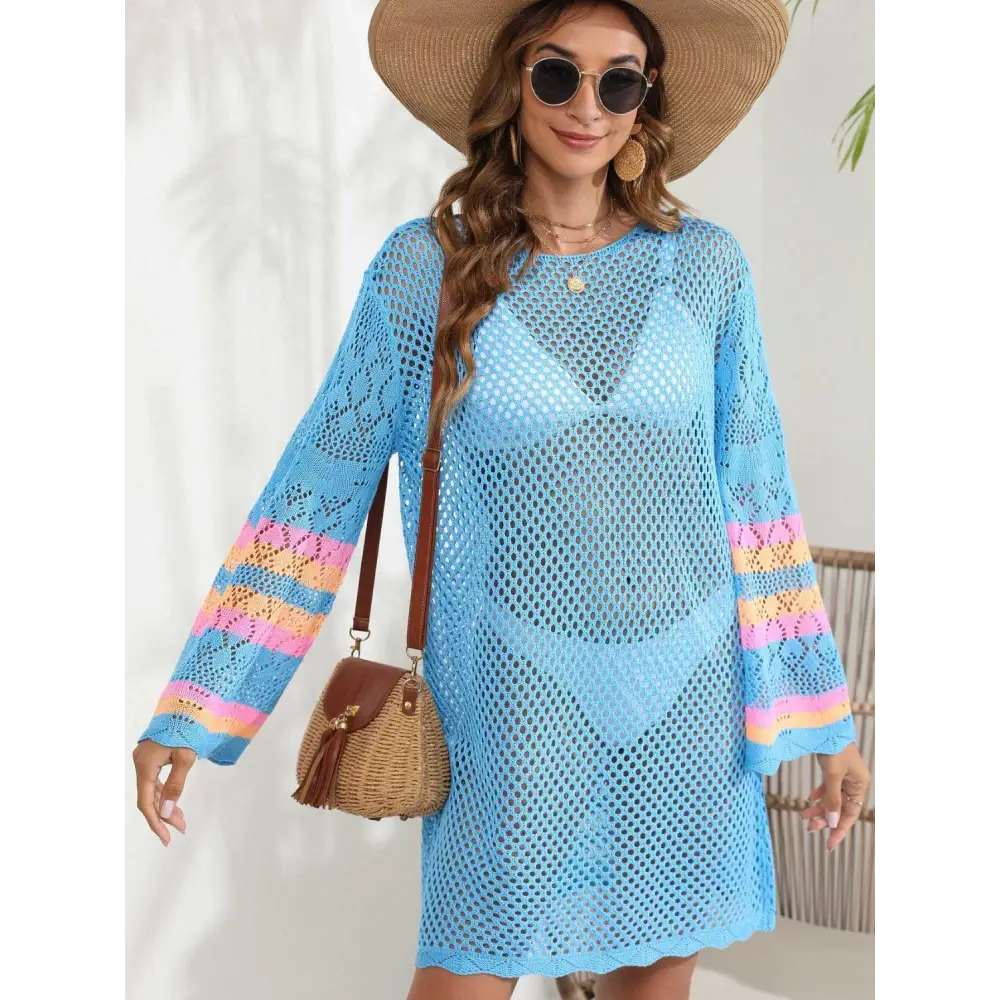 Breezy Blue Openwork Contrast Long Sleeve Cover-Up for Beach Bliss