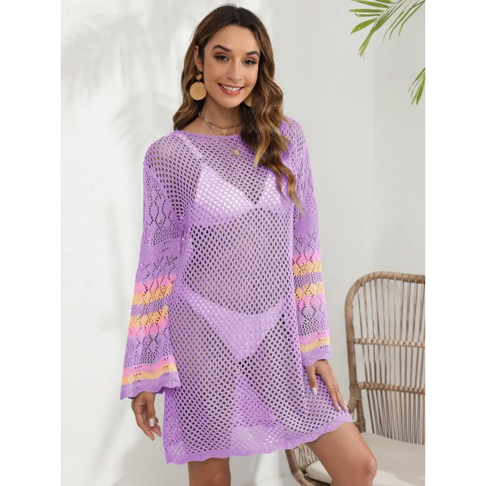 Breezy Blue Openwork Contrast Long Sleeve Cover-Up for Beach Bliss