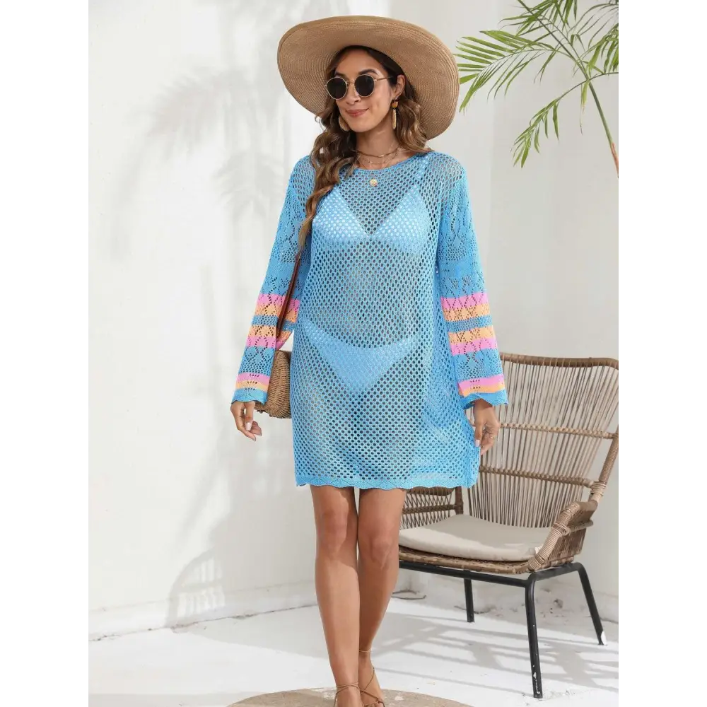 Breezy Blue Openwork Contrast Long Sleeve Cover-Up for Beach Bliss