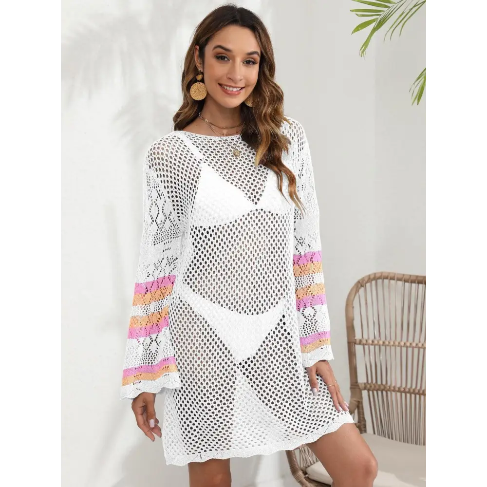 Breezy Blue Openwork Contrast Long Sleeve Cover-Up for Beach Bliss