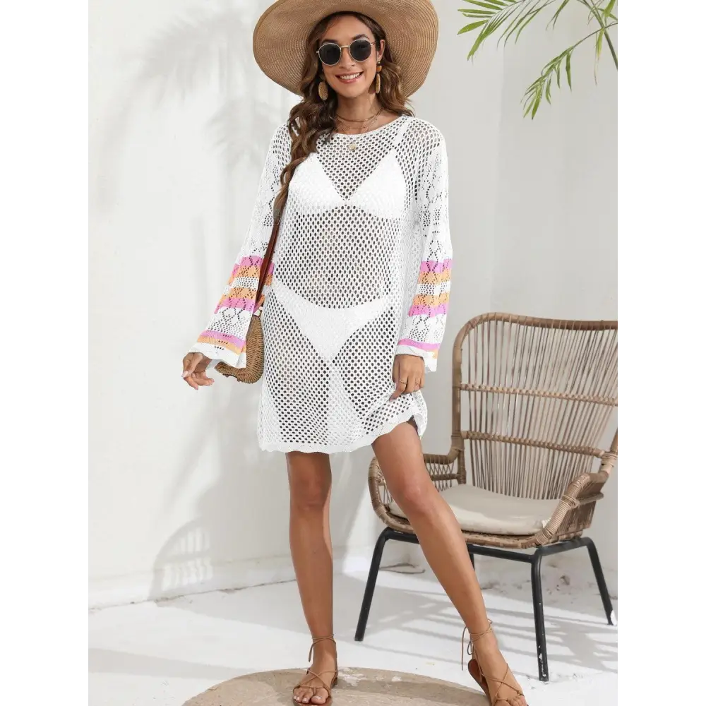 Breezy Blue Openwork Contrast Long Sleeve Cover-Up for Beach Bliss