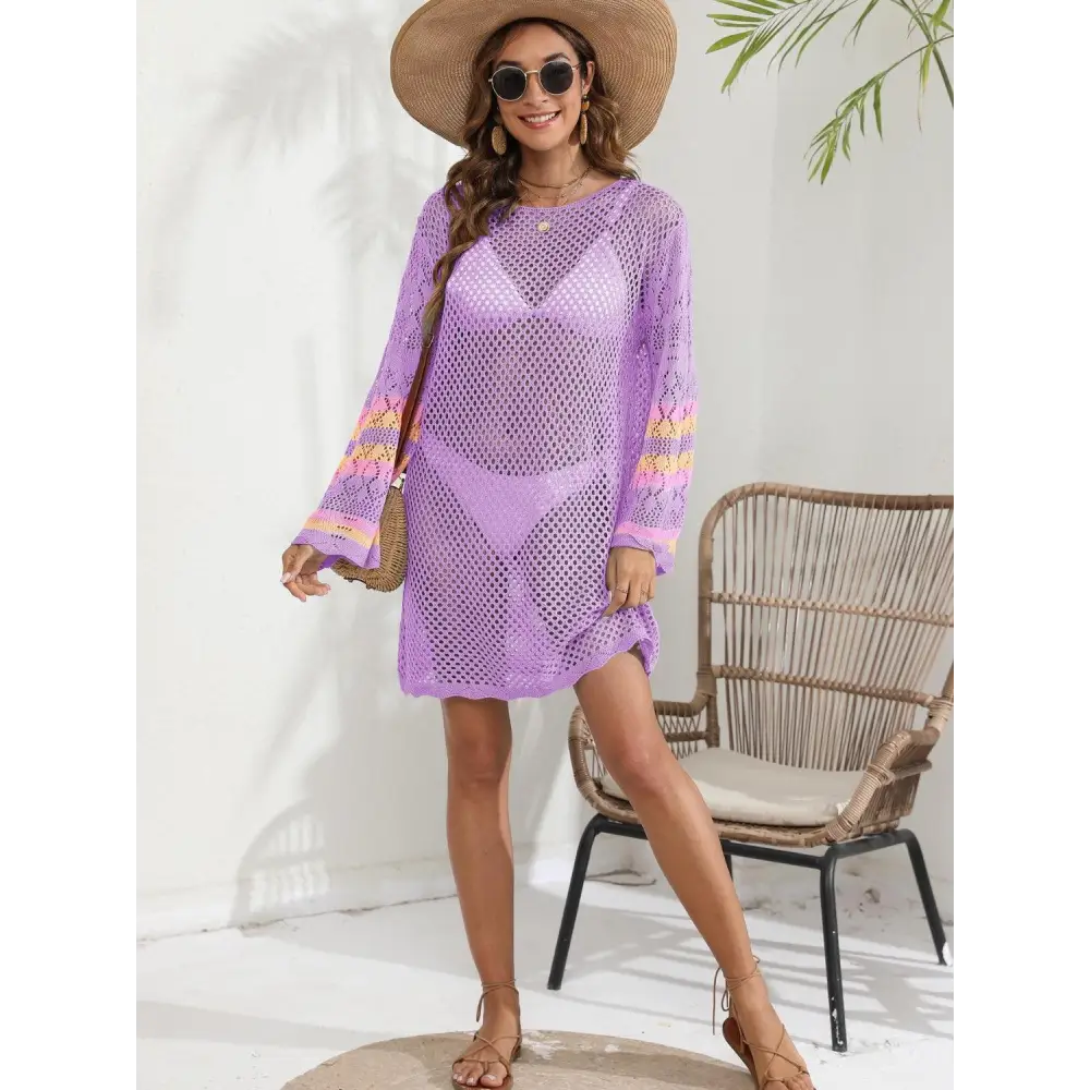 Breezy Blue Openwork Contrast Long Sleeve Cover-Up for Beach Bliss