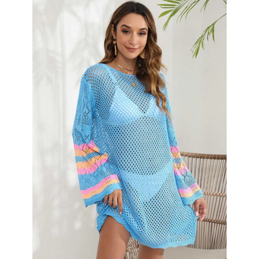 Breezy Blue Openwork Contrast Long Sleeve Cover-Up for Beach Bliss