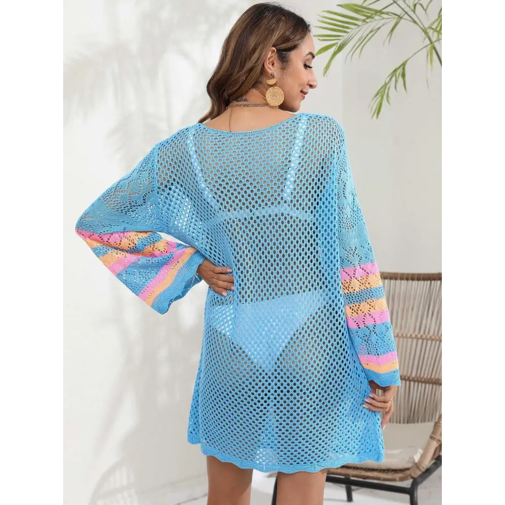 Breezy Blue Openwork Contrast Long Sleeve Cover-Up for Beach Bliss