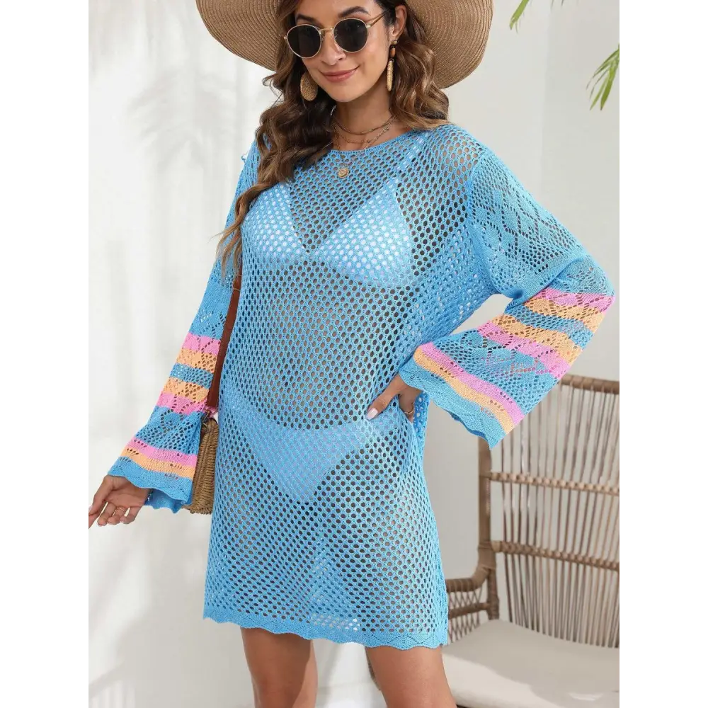 Breezy Blue Openwork Contrast Long Sleeve Cover-Up for Beach Bliss