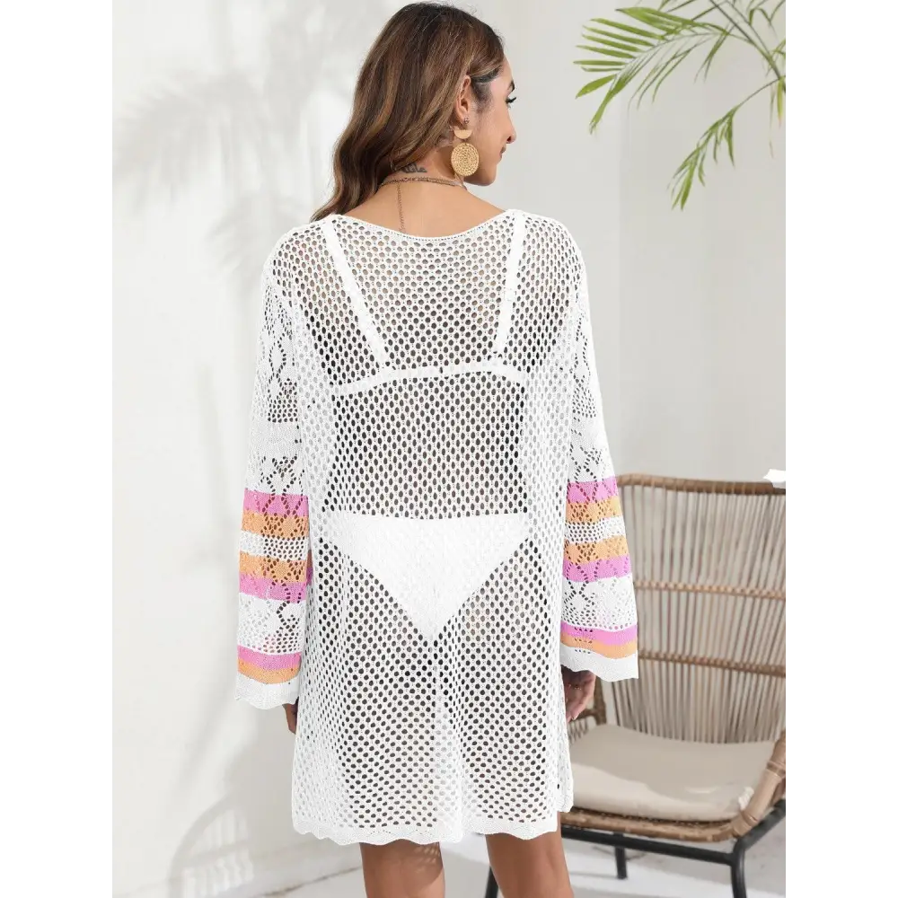 Breezy Blue Openwork Contrast Long Sleeve Cover-Up for Beach Bliss