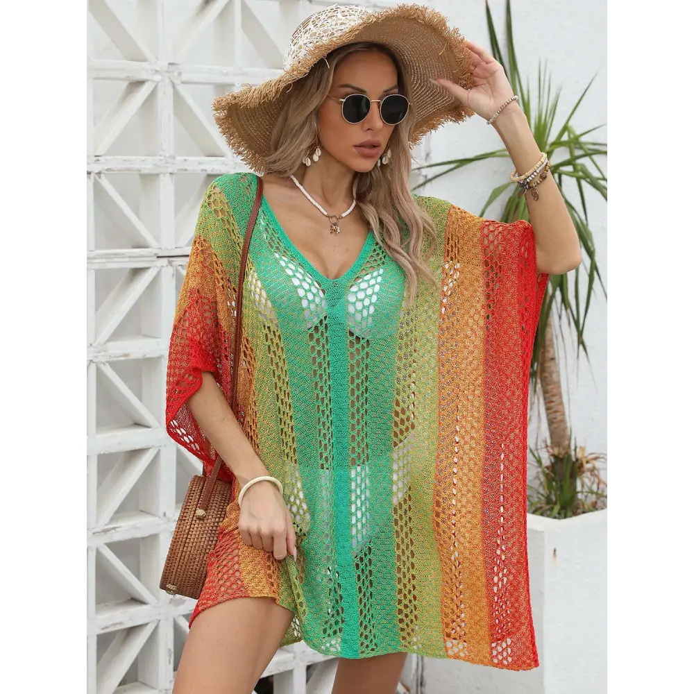 Vibrant Openwork Contrast V-Neck Cover-Up for Beach Bliss