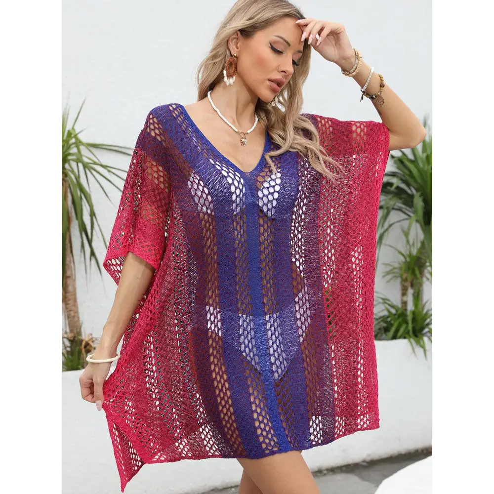 Vibrant Openwork Contrast V-Neck Cover-Up for Beach Bliss