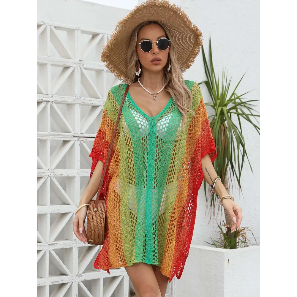 Vibrant Openwork Contrast V-Neck Cover-Up for Beach Bliss