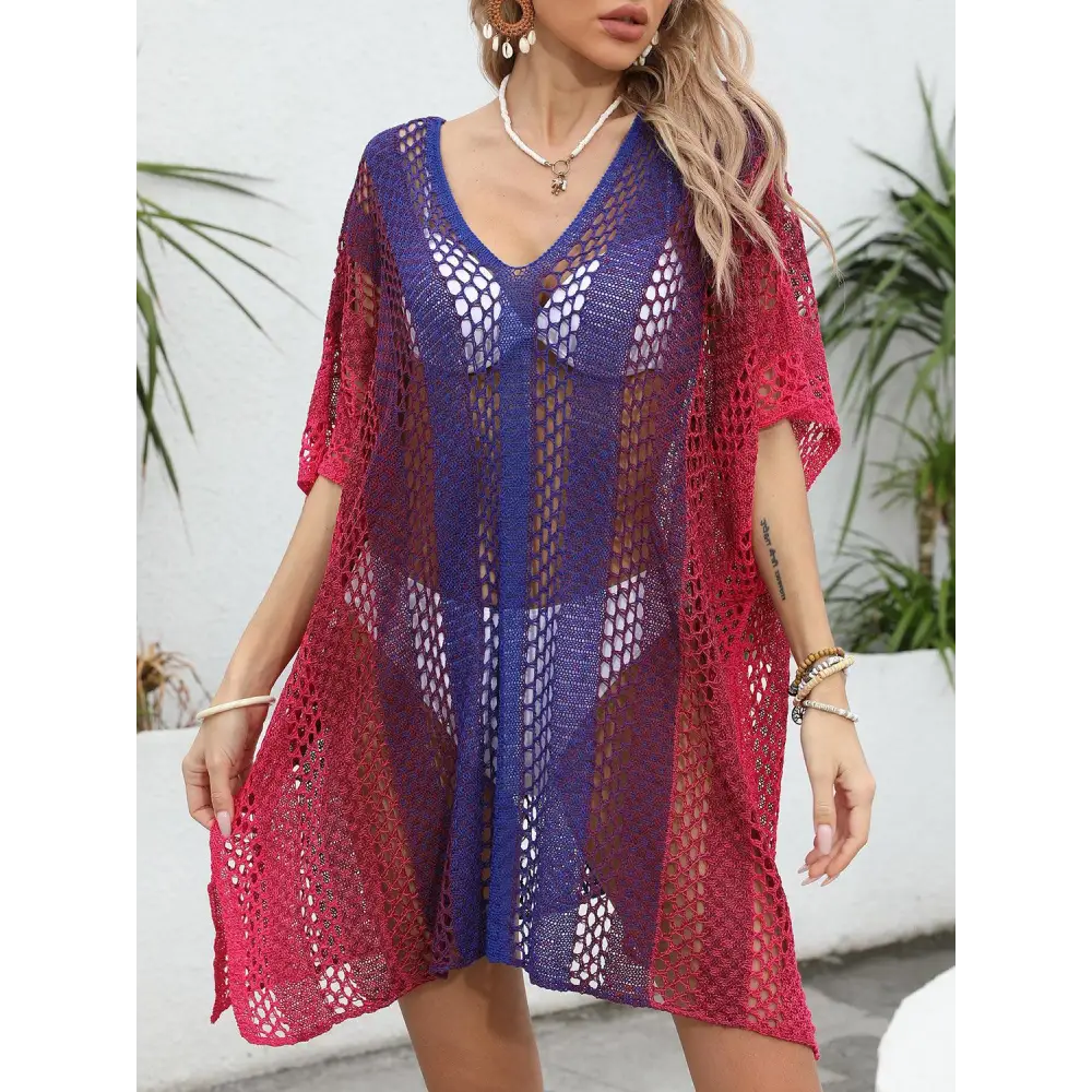 Vibrant Openwork Contrast V-Neck Cover-Up for Beach Bliss