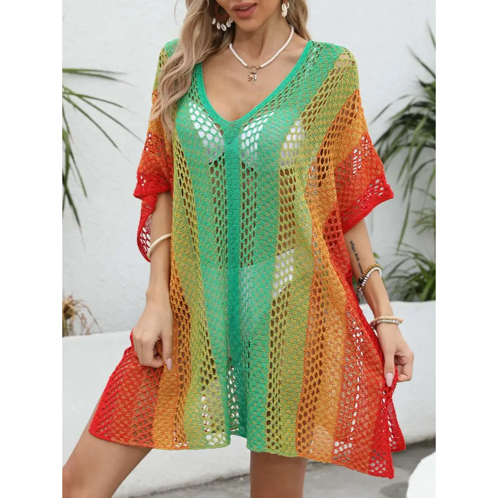 Vibrant Openwork Contrast V-Neck Cover-Up for Beach Bliss