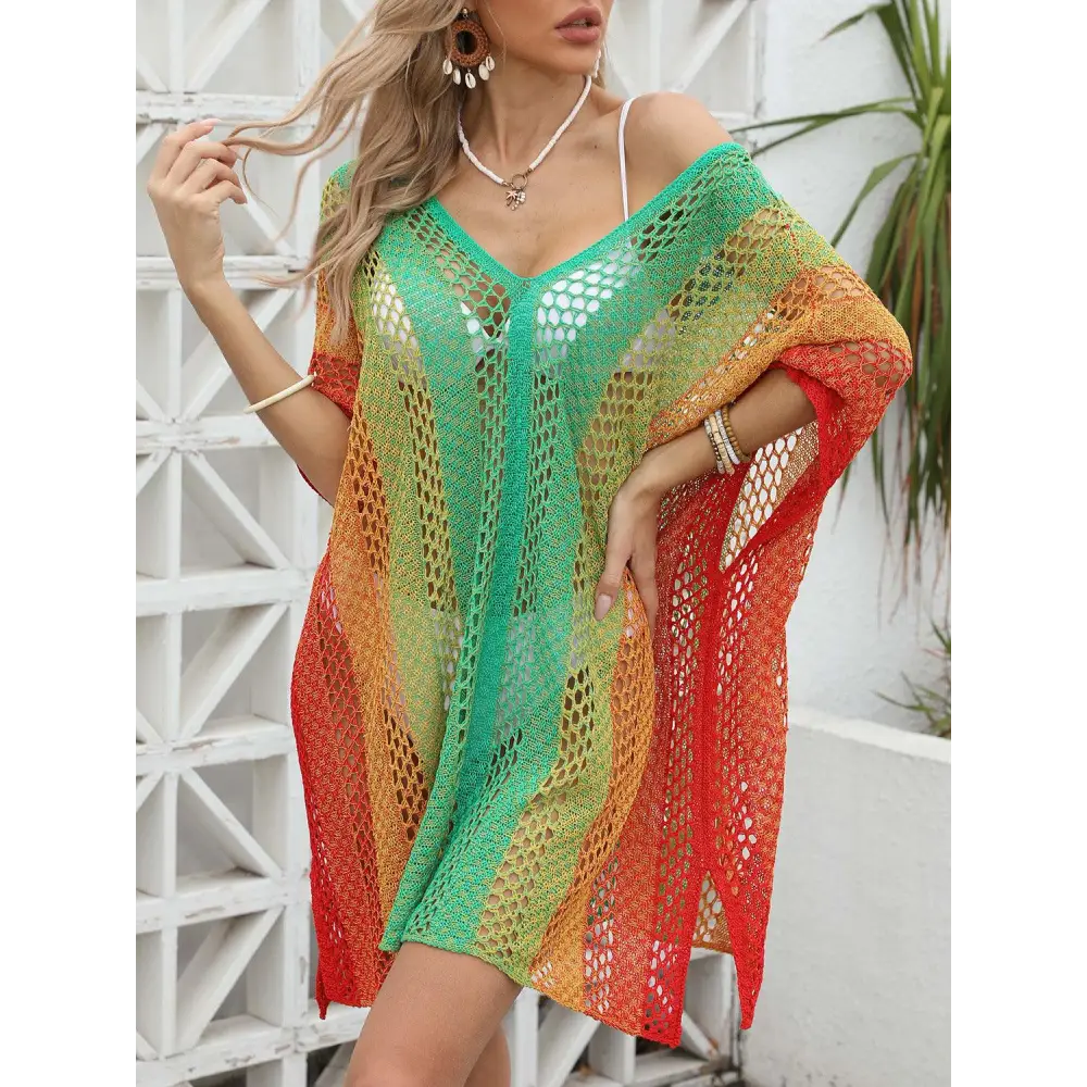 Vibrant Openwork Contrast V-Neck Cover-Up for Beach Bliss