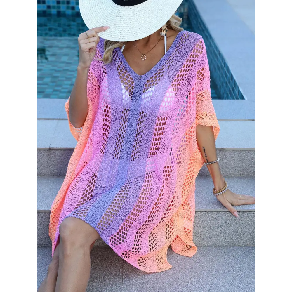 Vibrant Openwork Contrast V-Neck Cover-Up for Beach Bliss