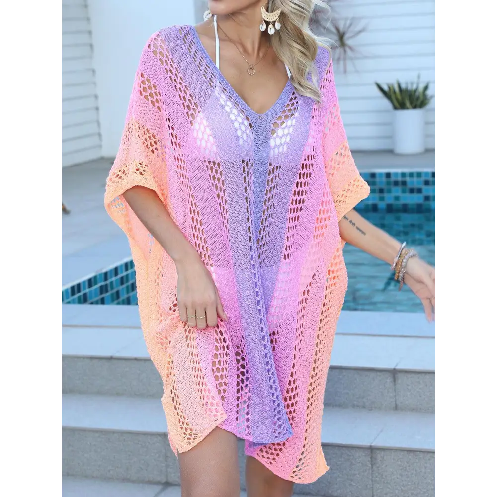 Vibrant Openwork Contrast V-Neck Cover-Up for Beach Bliss