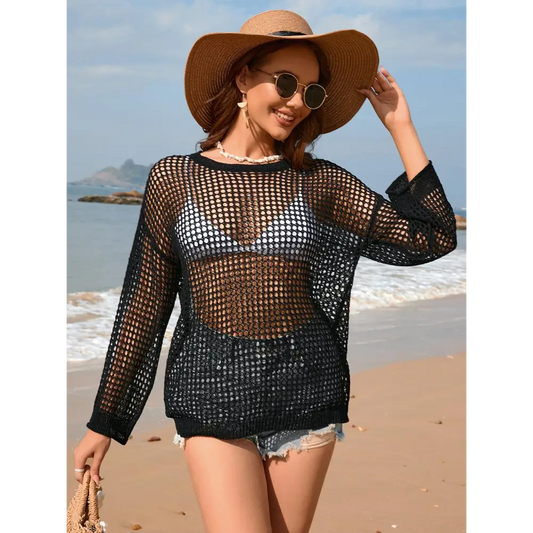 Openwork Dropped Shoulder Long Sleeve Cover-Up - CM Fashion