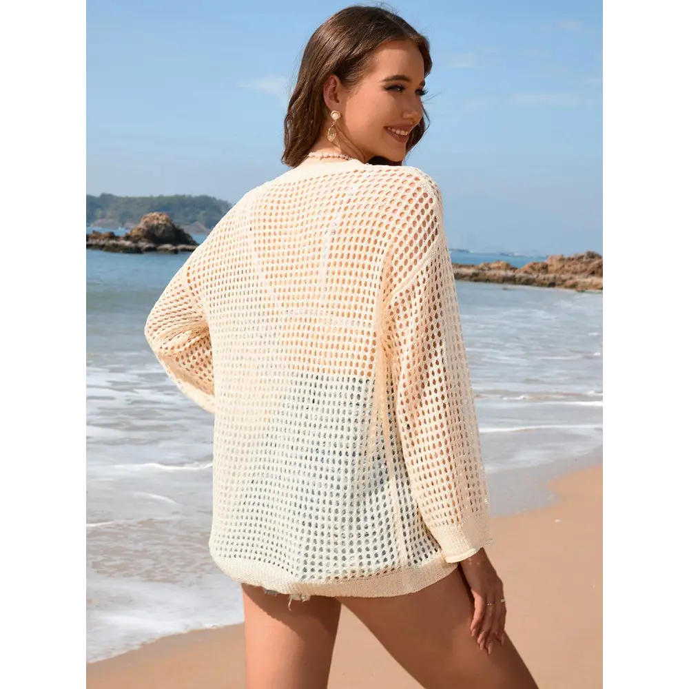 Sultry Openwork Dropped Shoulder Long Sleeve Beach Cover-Up