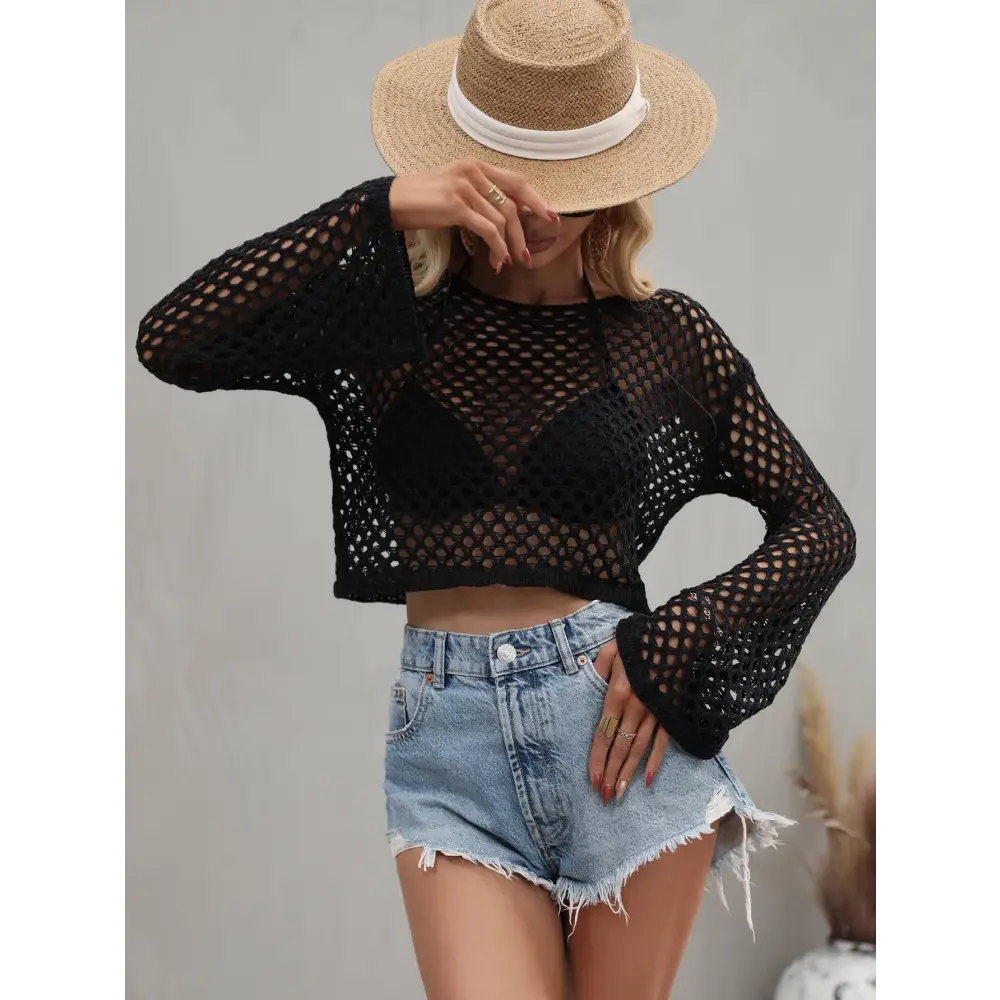 Breezy Openwork Flare Sleeve Cropped Cover Up for Beach Vibes