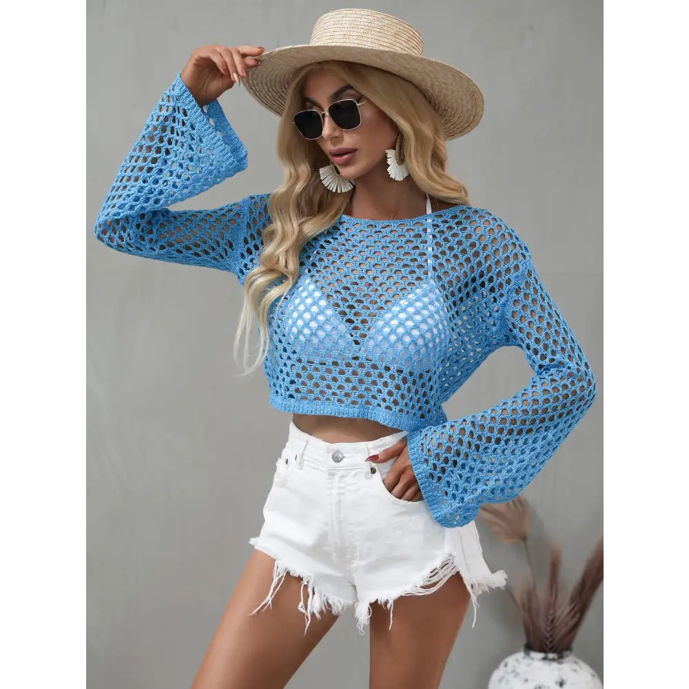 Breezy Openwork Flare Sleeve Cropped Cover Up for Beach Vibes