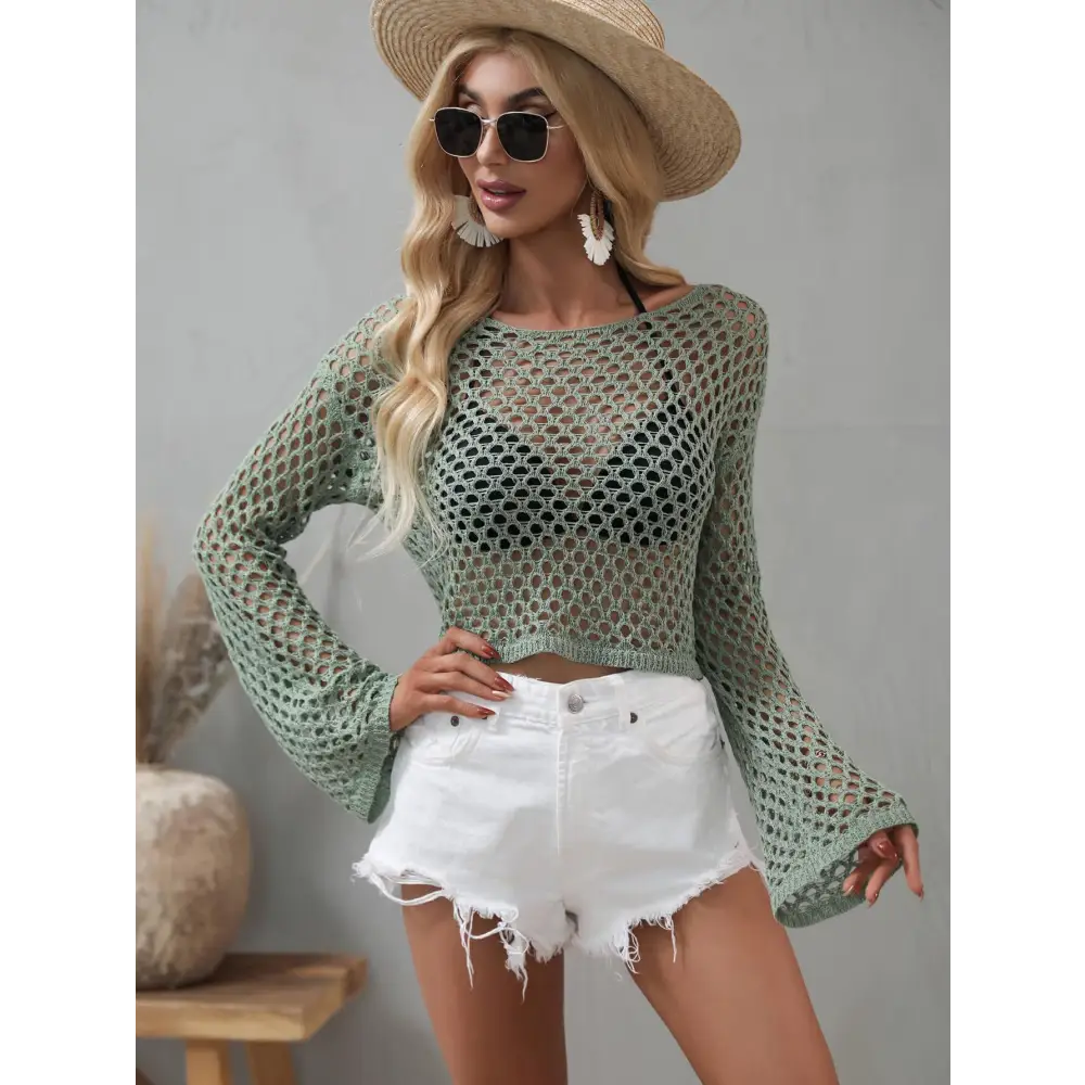 Breezy Openwork Flare Sleeve Cropped Cover Up for Beach Vibes