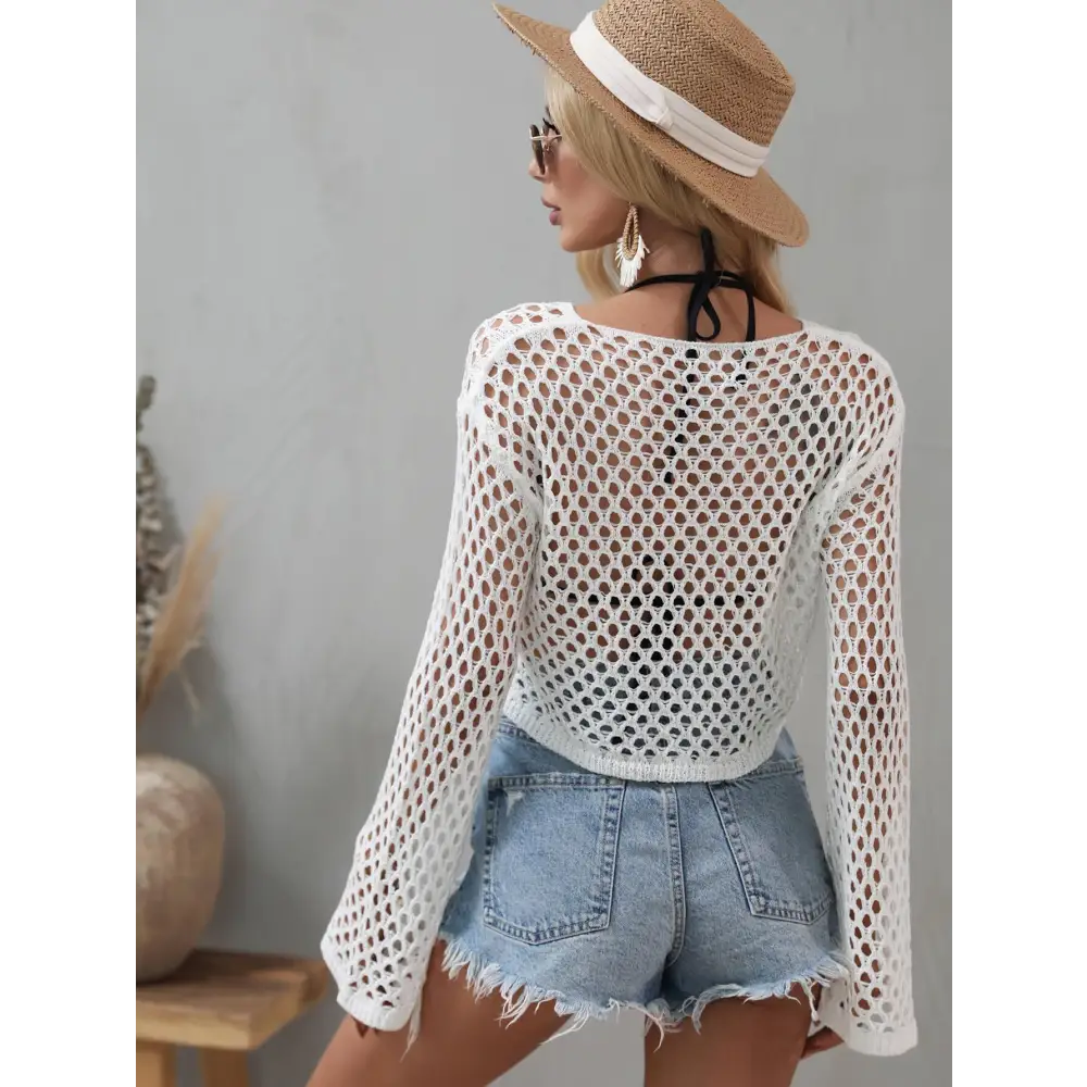 Breezy Openwork Flare Sleeve Cropped Cover Up for Beach Vibes