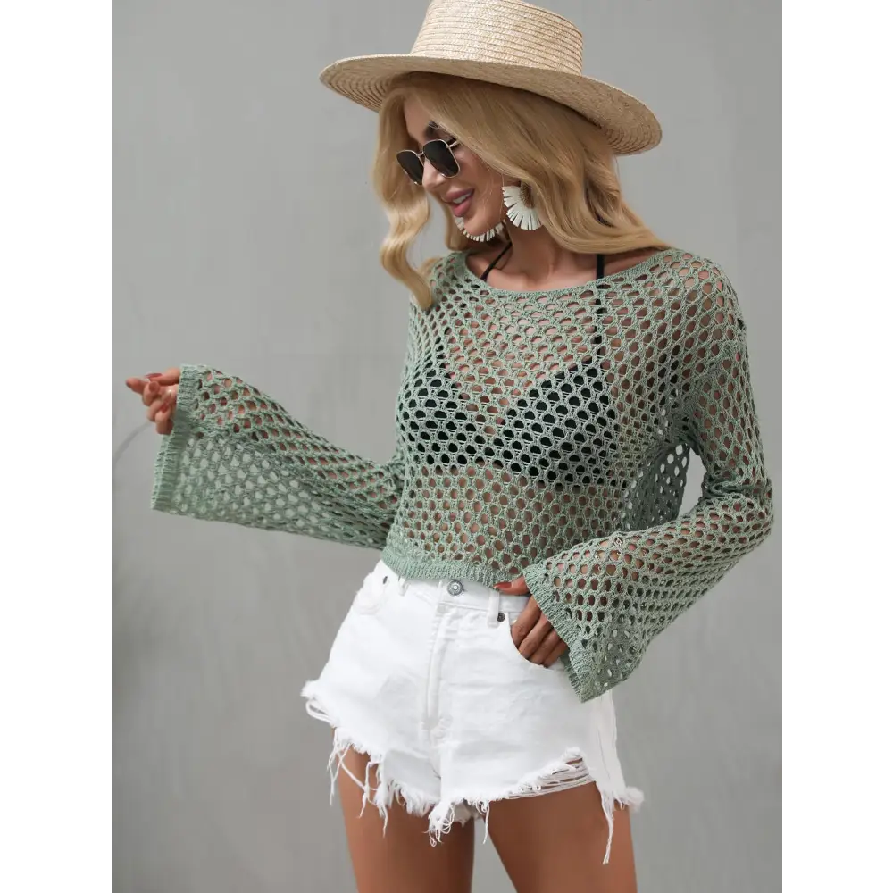 Breezy Openwork Flare Sleeve Cropped Cover Up for Beach Vibes