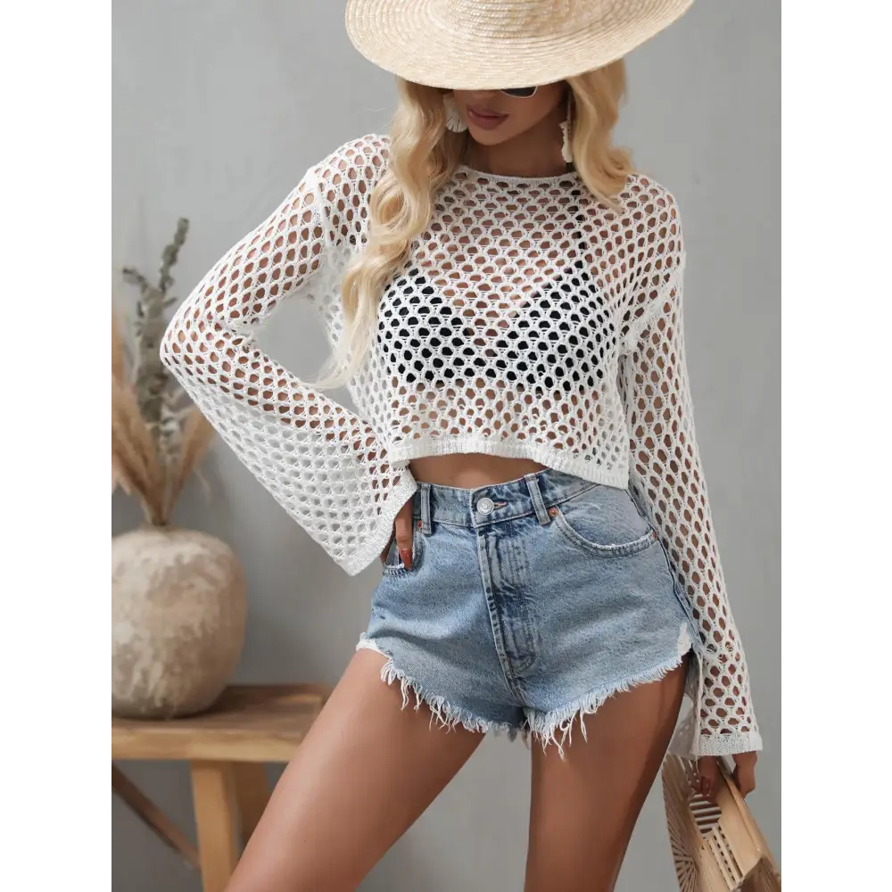 Breezy Openwork Flare Sleeve Cropped Cover Up for Beach Vibes