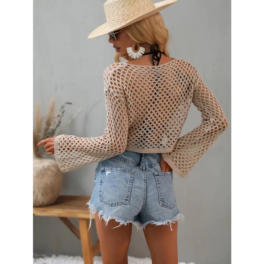 Breezy Openwork Flare Sleeve Cropped Cover Up for Beach Vibes