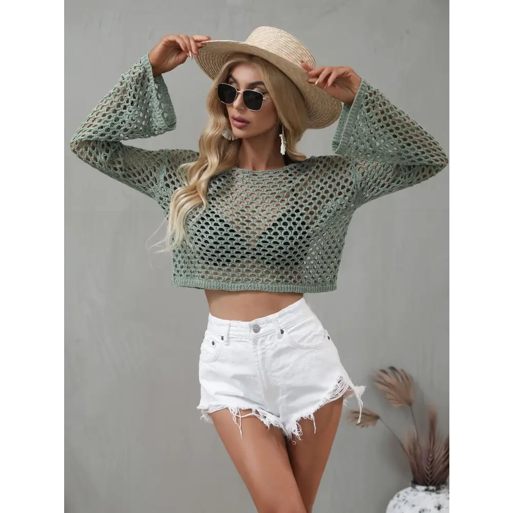 Breezy Openwork Flare Sleeve Cropped Cover Up for Beach Vibes