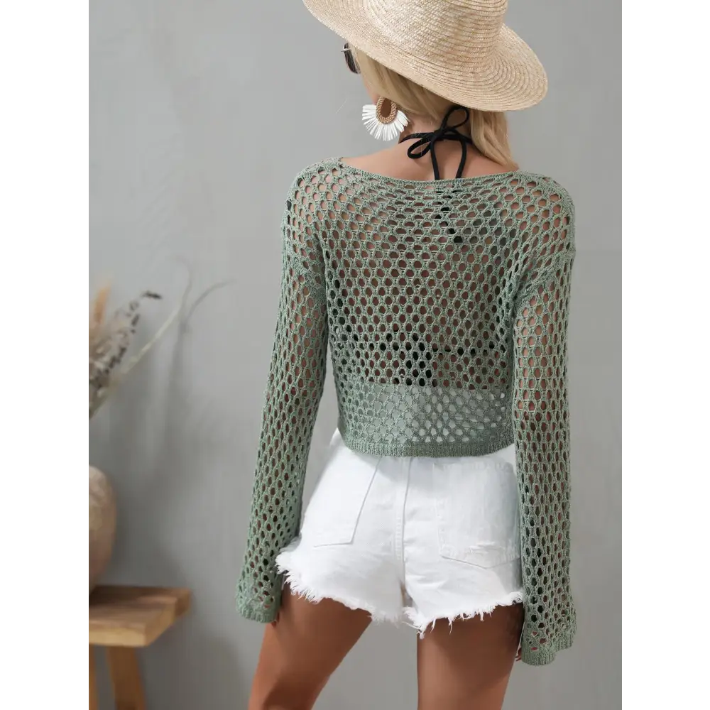 Breezy Openwork Flare Sleeve Cropped Cover Up for Beach Vibes