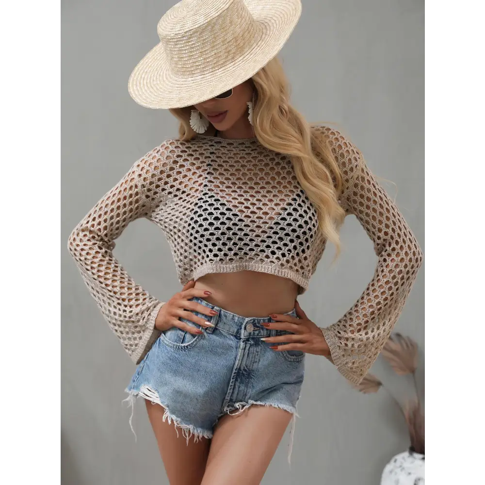 Breezy Openwork Flare Sleeve Cropped Cover Up for Beach Vibes