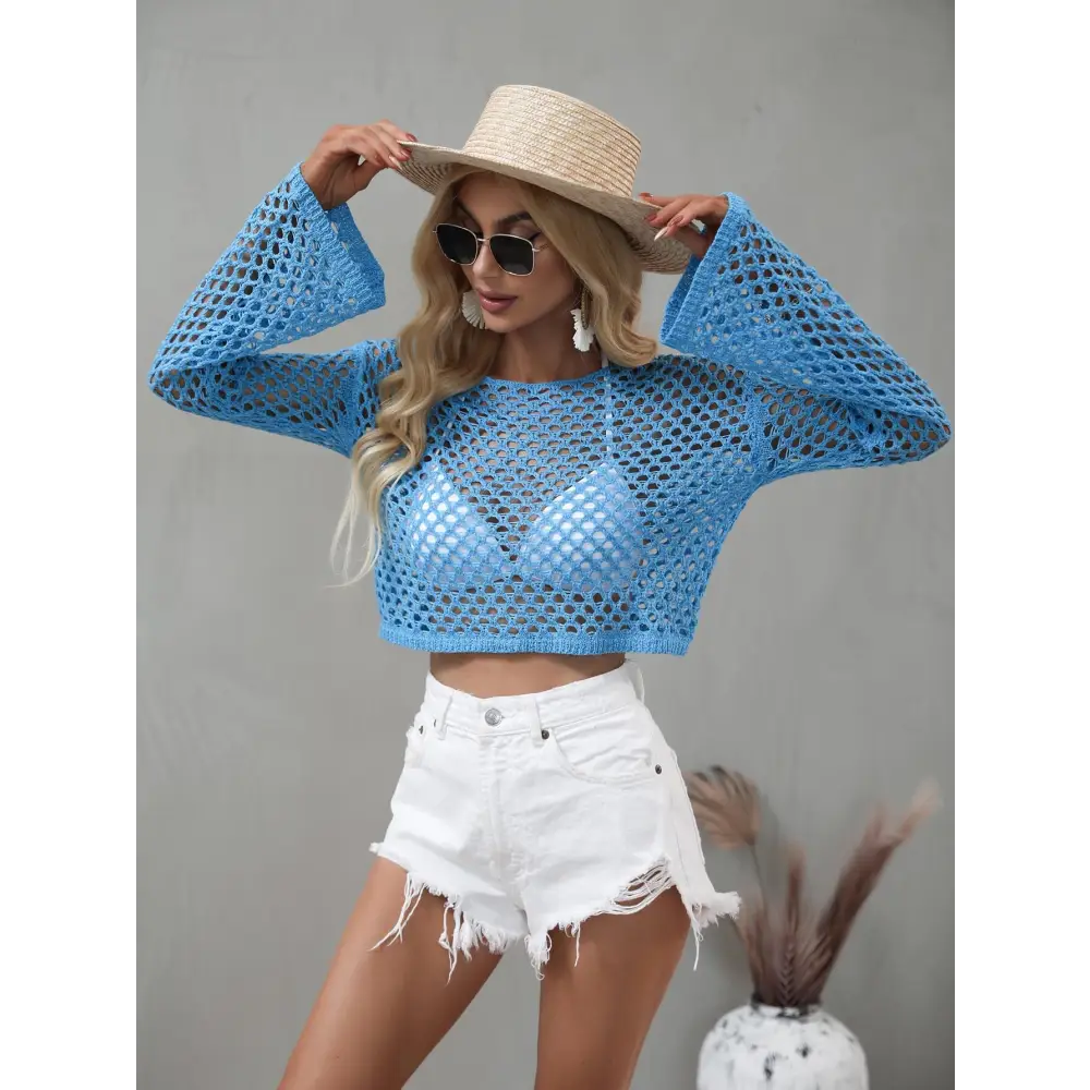 Breezy Openwork Flare Sleeve Cropped Cover Up for Beach Vibes