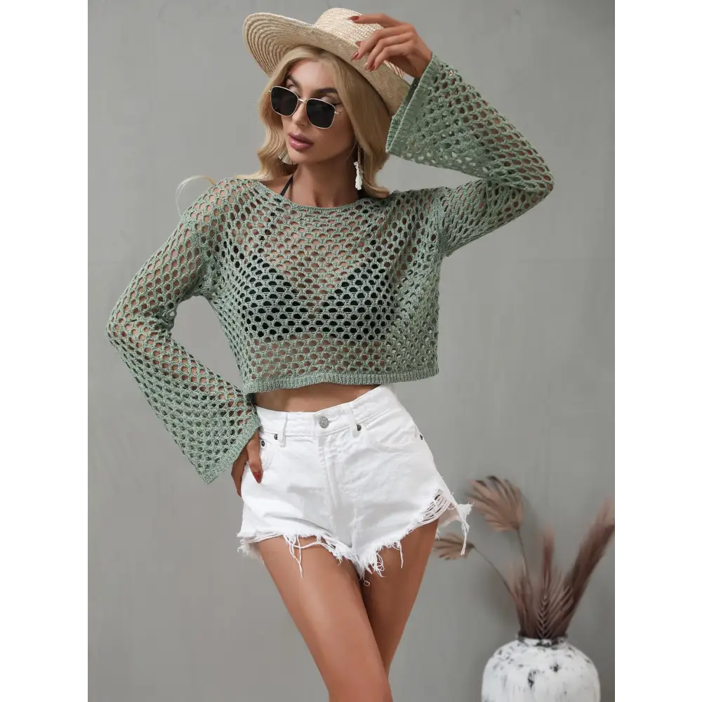 Breezy Openwork Flare Sleeve Cropped Cover Up for Beach Vibes