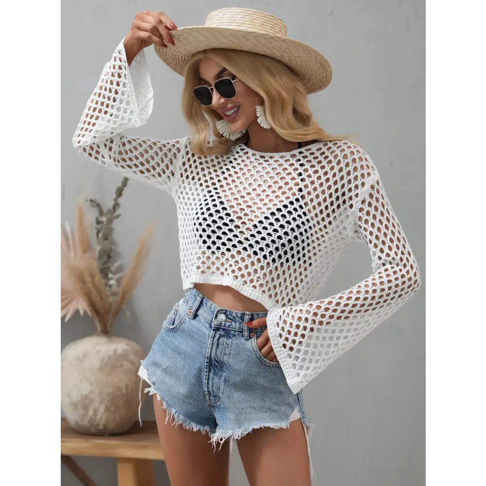 Breezy Openwork Flare Sleeve Cropped Cover Up for Beach Vibes