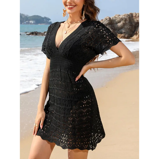 Openwork Plunge Short Sleeve Cover-Up Dress - CM Fashion