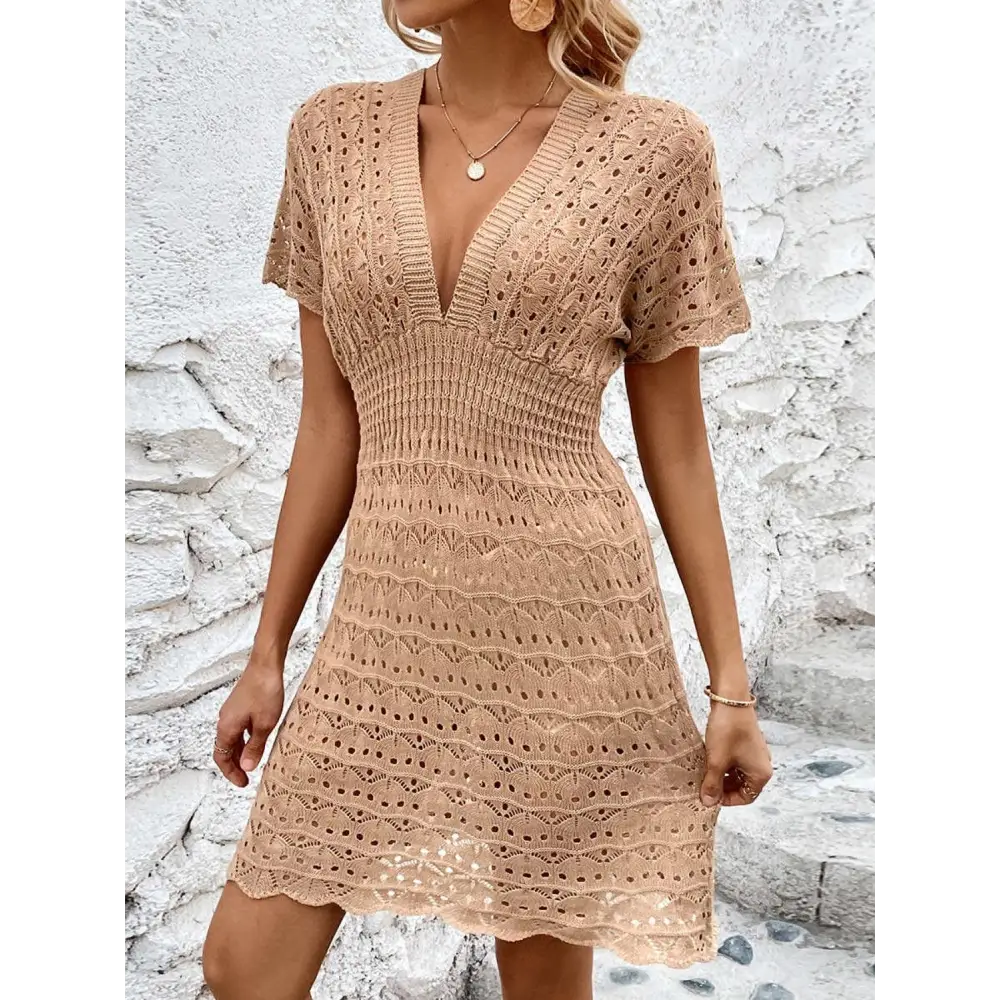 Sultry Openwork Plunge Short Sleeve Cover-Up Beach Dress