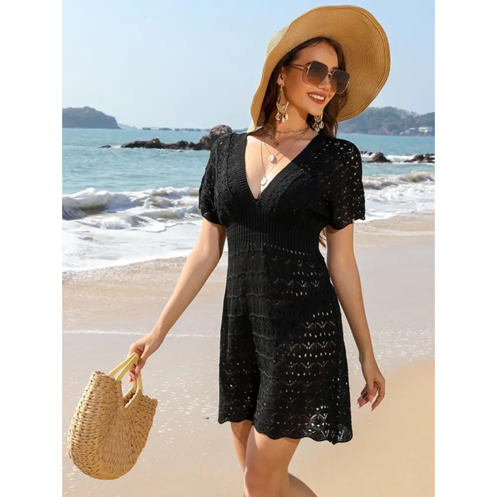 Sultry Openwork Plunge Short Sleeve Cover-Up Beach Dress