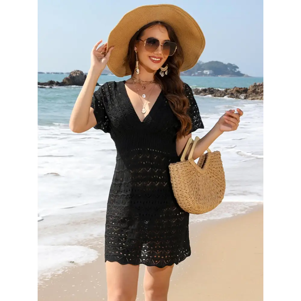 Sultry Openwork Plunge Short Sleeve Cover-Up Beach Dress