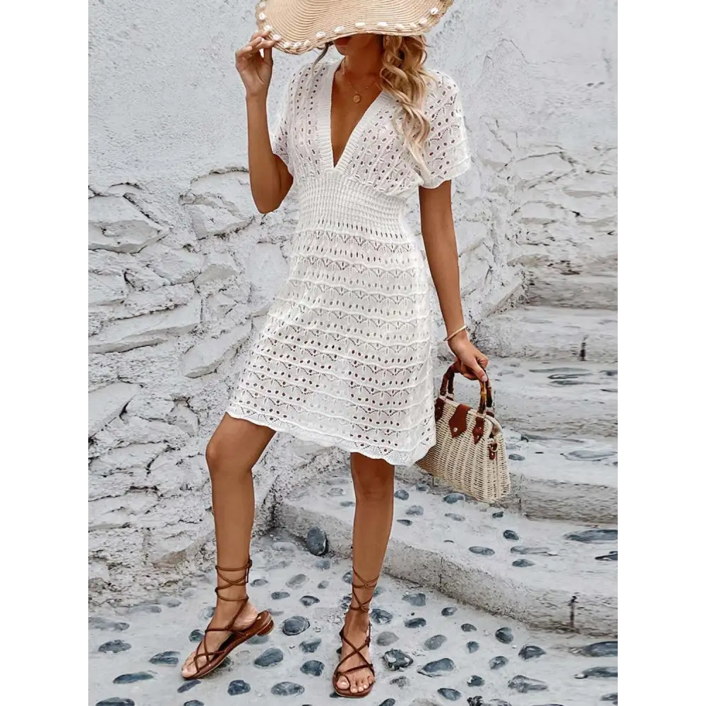 Sultry Openwork Plunge Short Sleeve Cover-Up Beach Dress