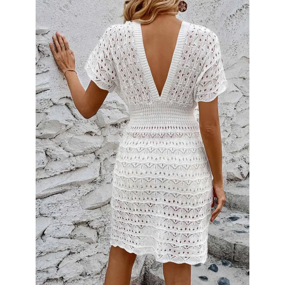 Sultry Openwork Plunge Short Sleeve Cover-Up Beach Dress