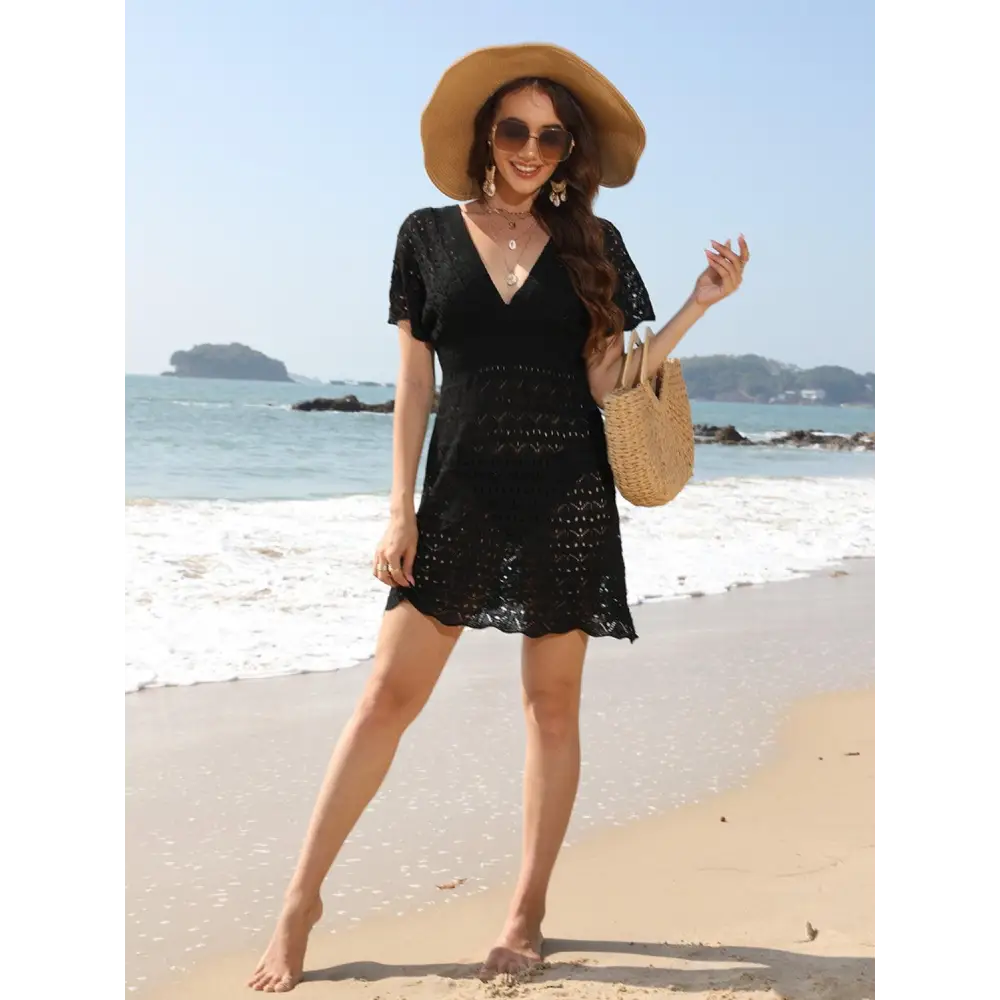 Sultry Openwork Plunge Short Sleeve Cover-Up Beach Dress