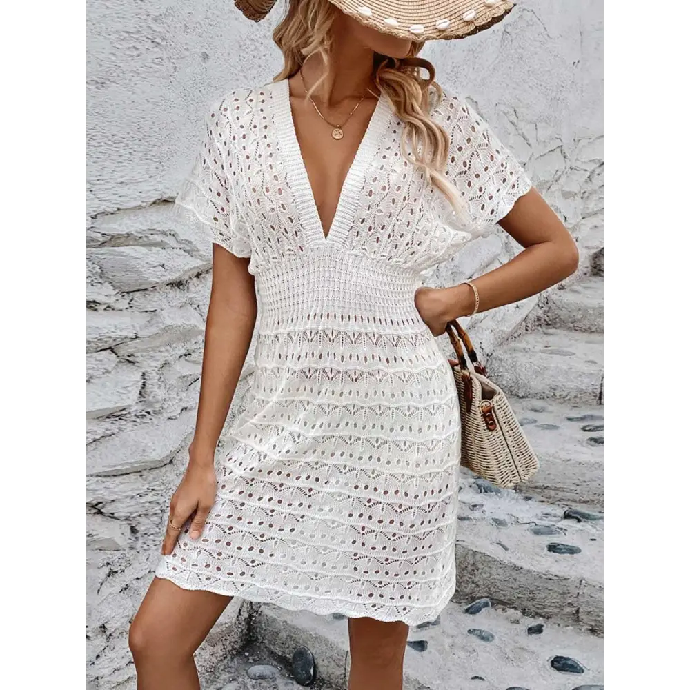 Sultry Openwork Plunge Short Sleeve Cover-Up Beach Dress