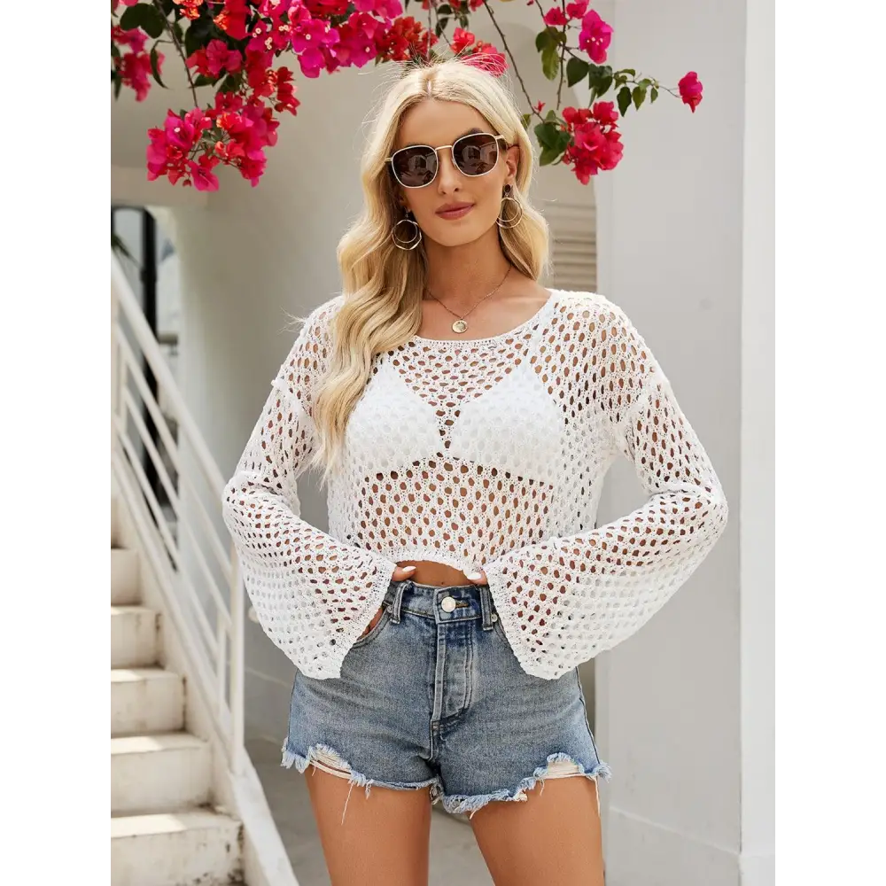 Original Openwork Round Neck Long Sleeve Cover-Up