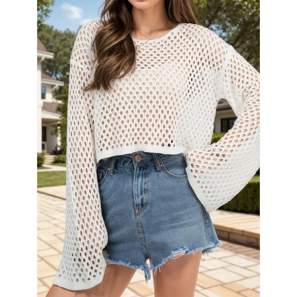 Breezy Openwork Round Neck Long Sleeve Cover for Beach Chic