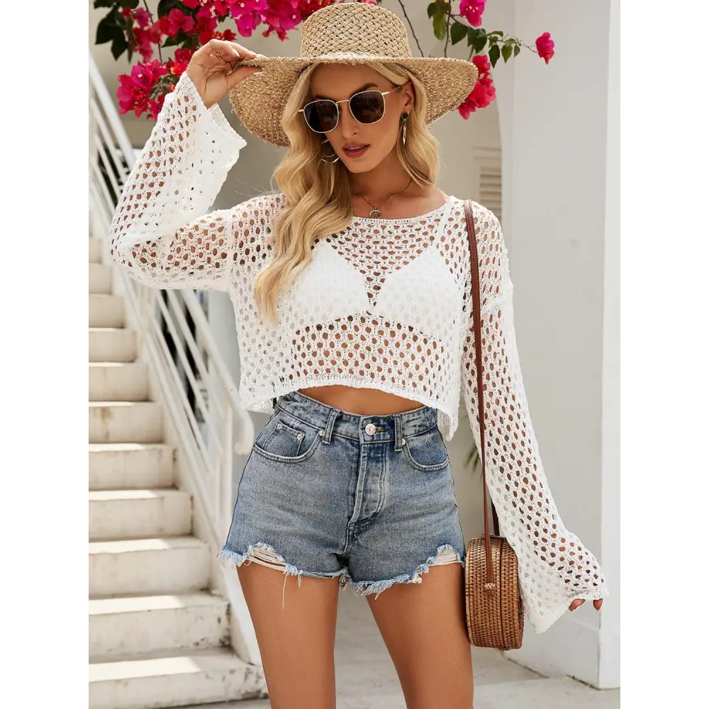 Original Openwork Round Neck Long Sleeve Cover-Up