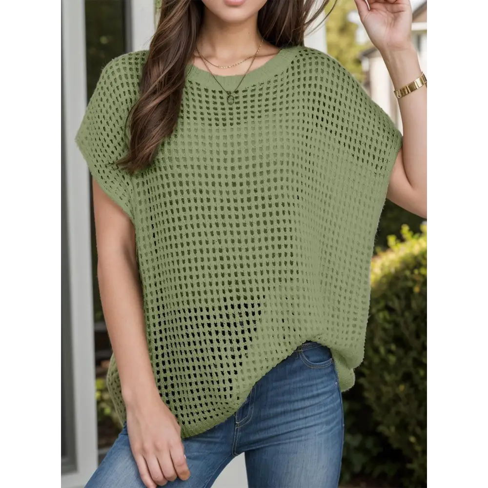 Breezy Olive Openwork Round Neck Cover-Up for Beach-Ready Style