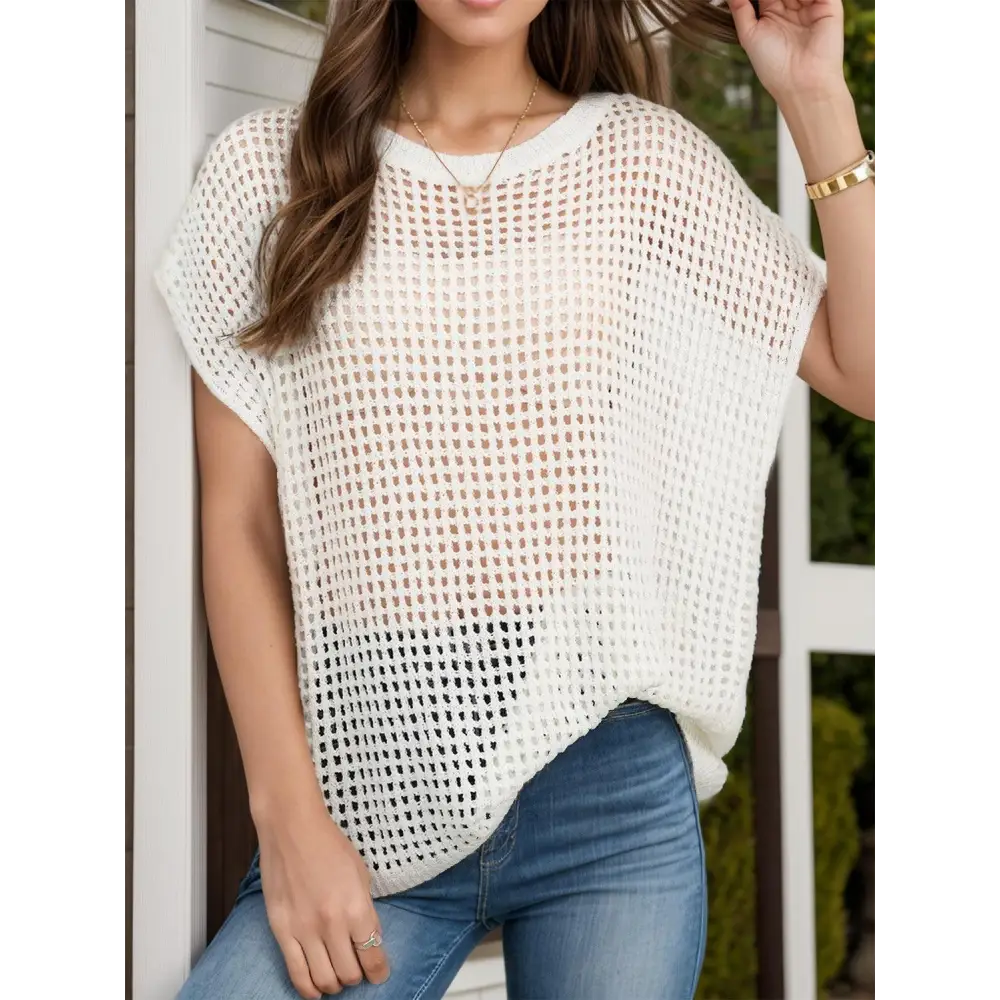 Breezy Olive Openwork Round Neck Cover-Up for Beach-Ready Style