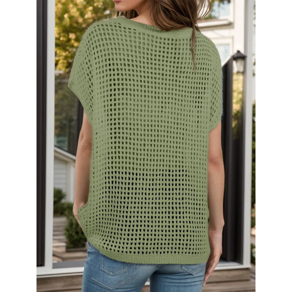 Breezy Olive Openwork Round Neck Cover-Up for Beach-Ready Style