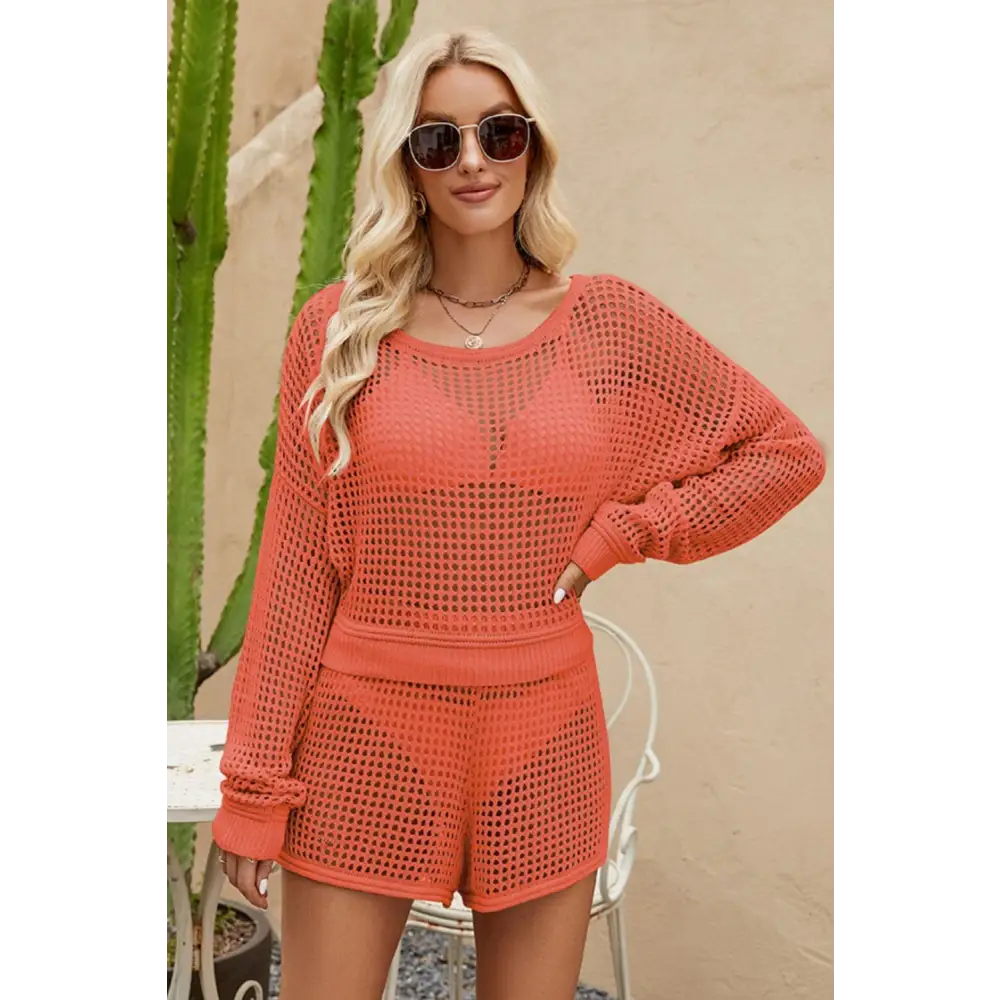 Openwork Round Neck Top and Shorts Swim Set