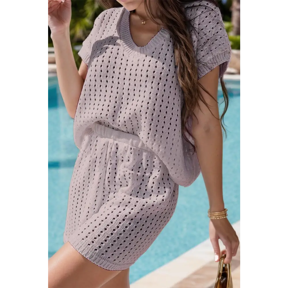 Openwork Short Sleeve Top and Shorts Cover Up Set